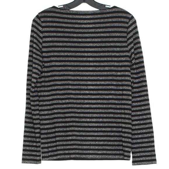 Talbots Womens Top Long Sleeve Metallic Tee Stripe Black Silver Size Small KQ - Picture 2 of 5